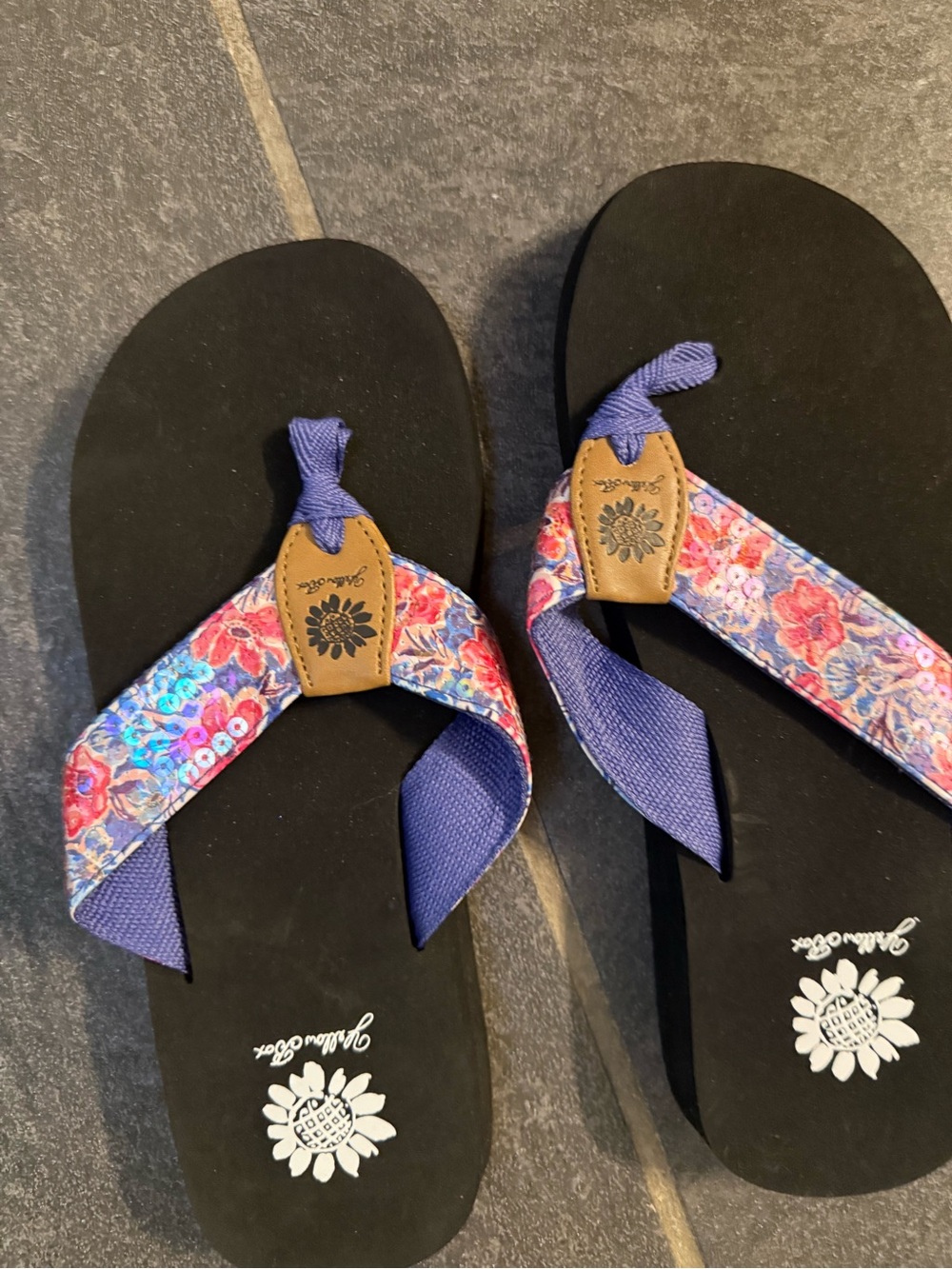 Yellow Box Black Flip-Flops with Purple and Multicolor Floral Straps
